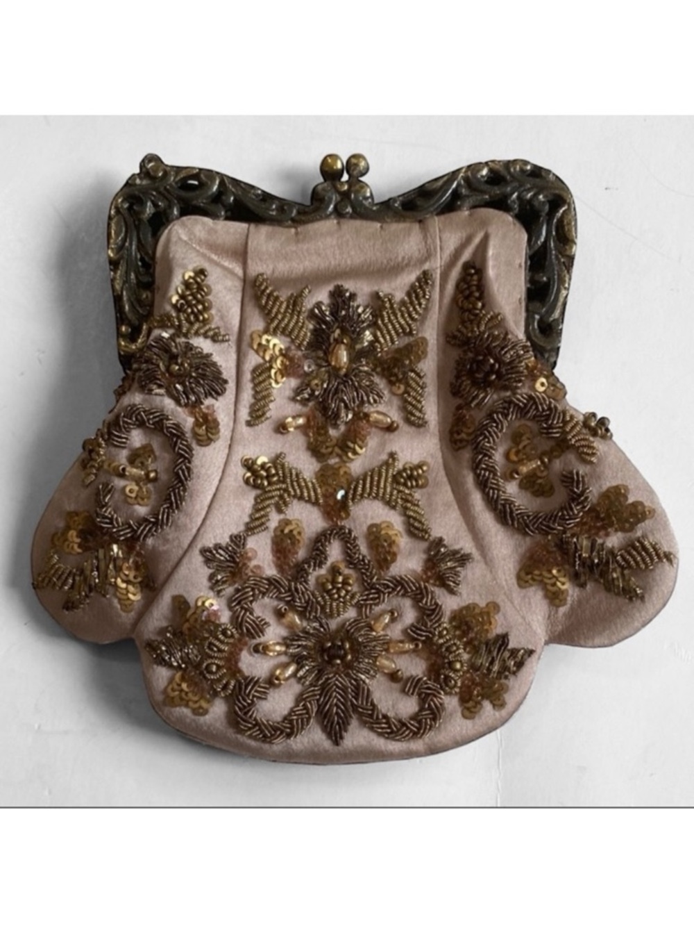 Vintage Pure Silk Beaded Clutch Gold Embroidery Brass Kiss Lock India
